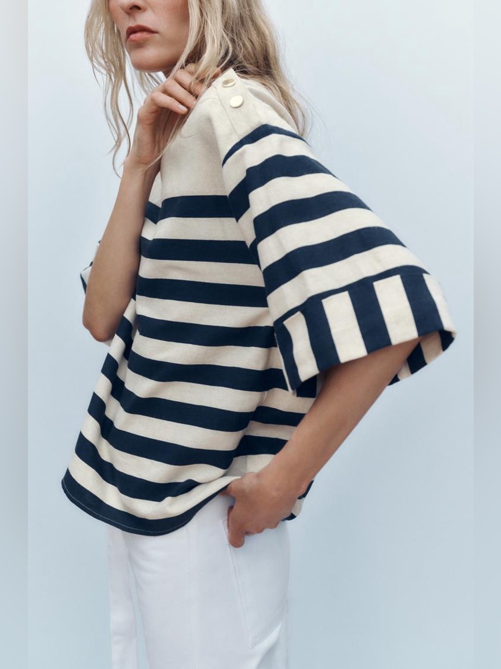 ZARA Striped Boatneck Half-Sleeve Top in Beige and Navy. S NWT